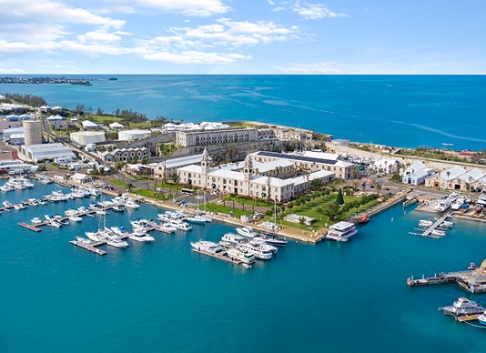 Bermuda city near water & docks aerial