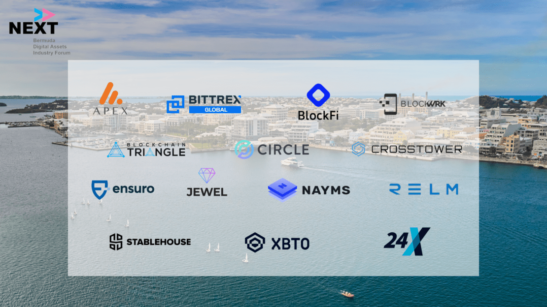 Image shows logos of 14 companies (Apex; Bittrex Global; BlcokFi; BlockWrk; Blockchain Triangle; Circle; CrossTower; Ensuro; Jewel; Nayms; RELM; Stablehouse; XBTO; 24 Exchange) on Bermuda Harbour backdrop. 